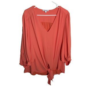 Monograph Blouse Women's Large V-Neck 3/4 Sleeve Tie Casual Top Shirt